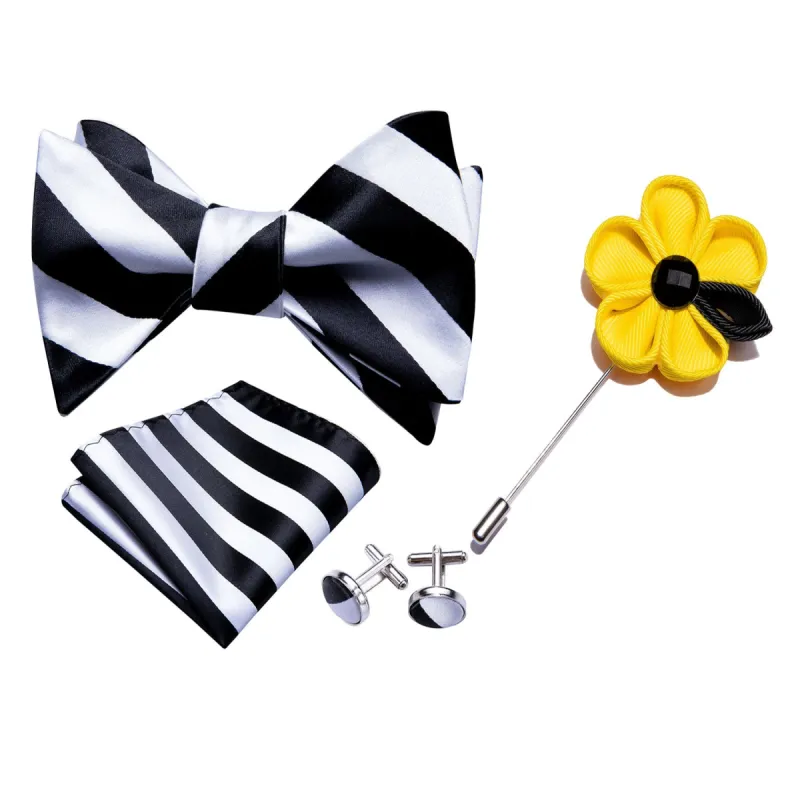 Barry Wang Men Black White Stripe Self Tie Bow Tie Hanky Cufflinks Set sold by Barrywang