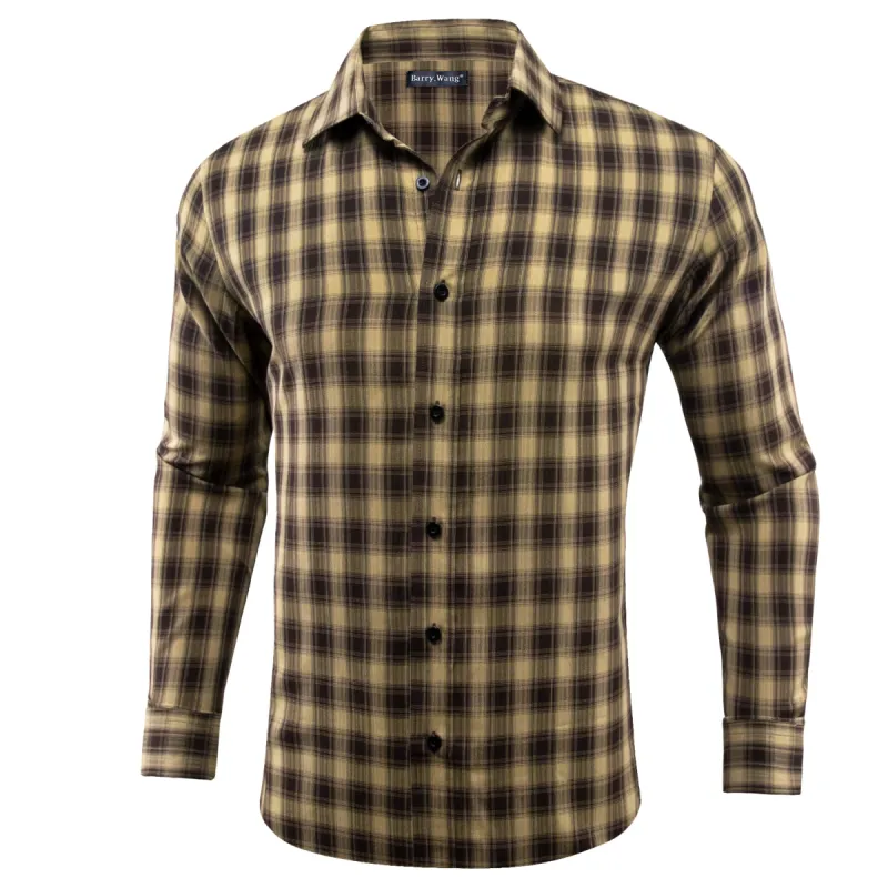 Barry.wang Khaki Black Plaid Men's Shirt sold by Barrywang