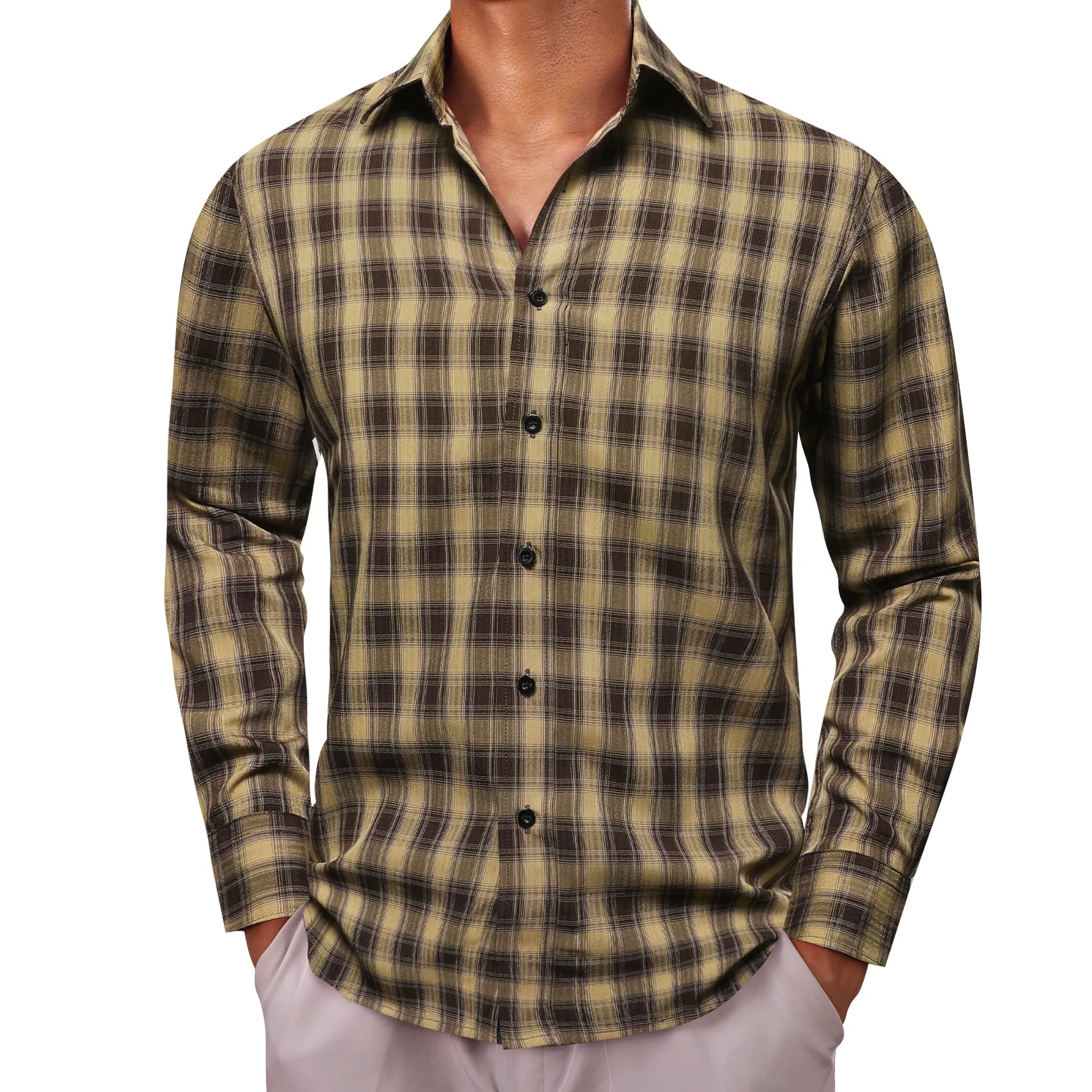 Barry.wang Khaki Black Plaid Men's Shirt sold by Barrywang product image thumbnail 5