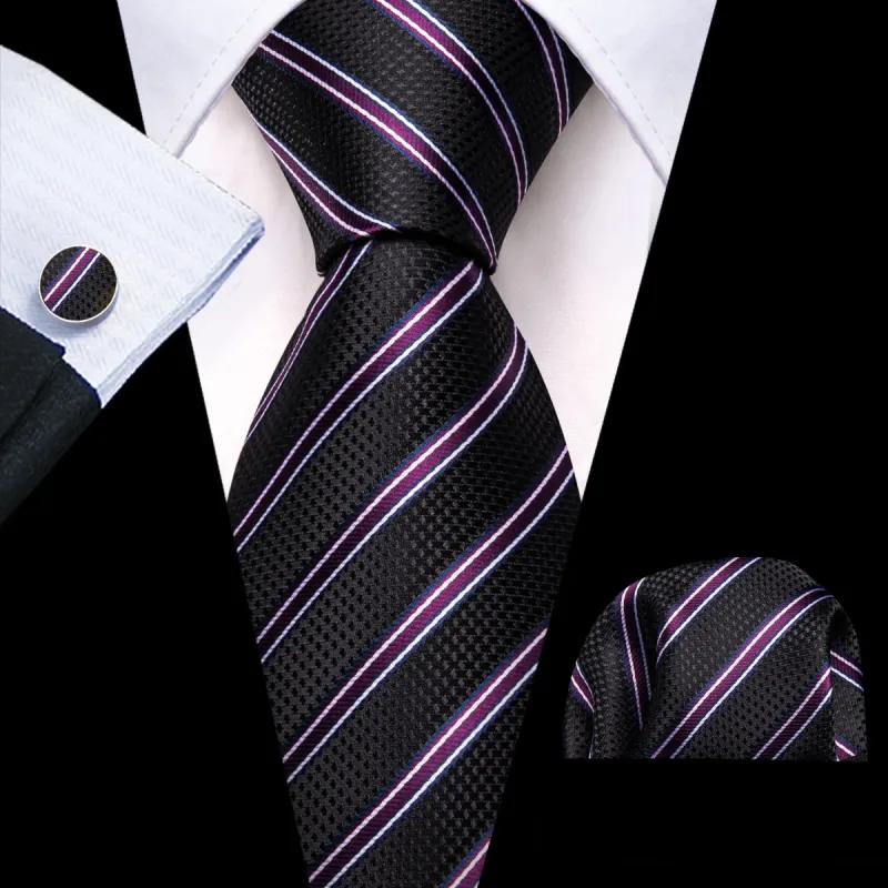 Barry. Wang Black Striped Tie with White Purple Stripes Men's Necktie Set sold by Barrywang