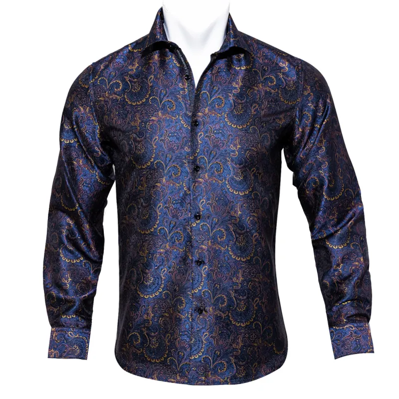 Barry.wang Luxury Blue Golden Floral Shirt sold by Barrywang