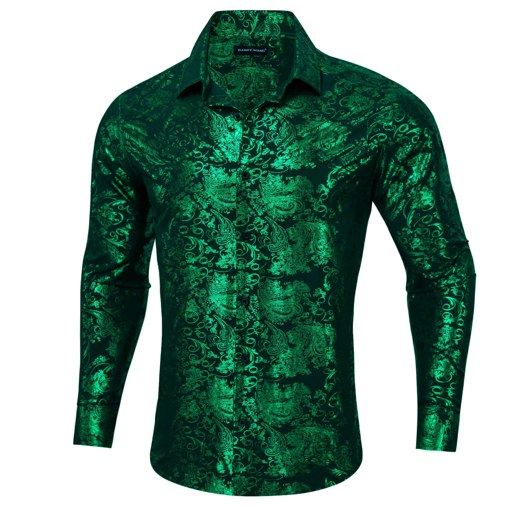 Barry.wang Men's Shirt Silk Emerald Green Bronzing Floral Jacquard Shirt sold by Barrywang product image thumbnail 2