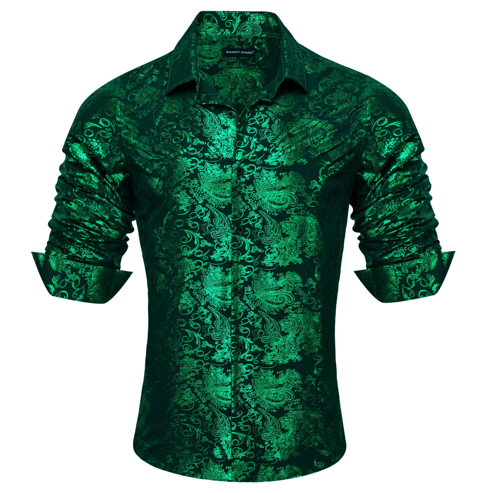 Barry.wang Men's Shirt Silk Emerald Green Bronzing Floral Jacquard Shirt sold by Barrywang product image thumbnail 3