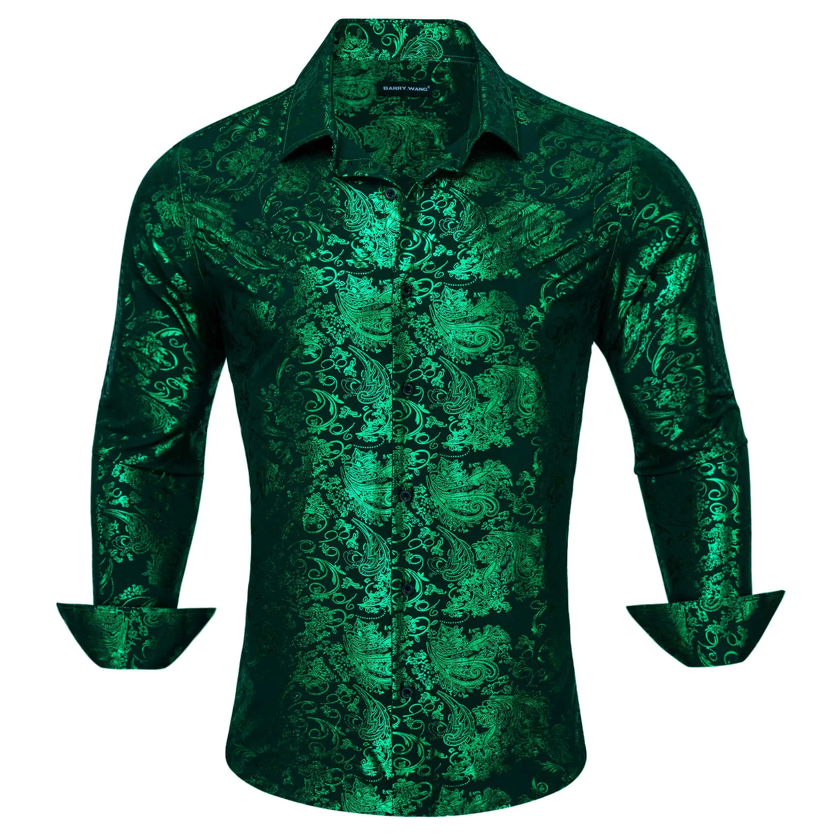 Barry.wang Men's Shirt Silk Emerald Green Bronzing Floral Jacquard Shirt sold by Barrywang