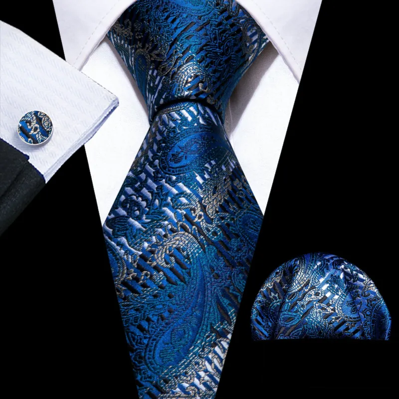 Barry Wang Tie Blue Silver Paisley Silk Tie Handkerchief Cufflinks Set sold by Barrywang