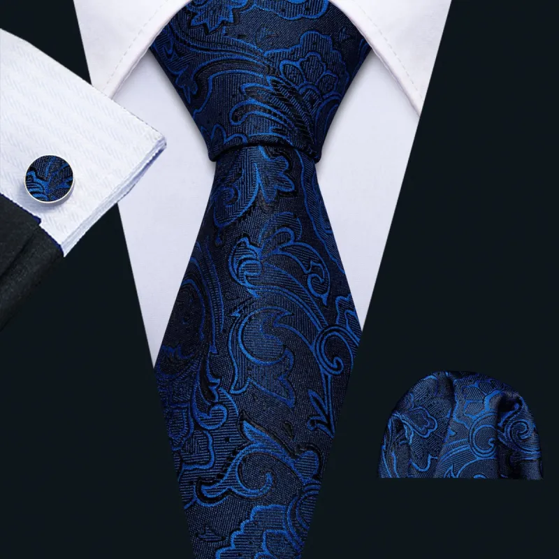 Barry Wang Floral Tie Deep Jacquard Blue Necktie Hanky Cufflinks Set sold by Barrywang