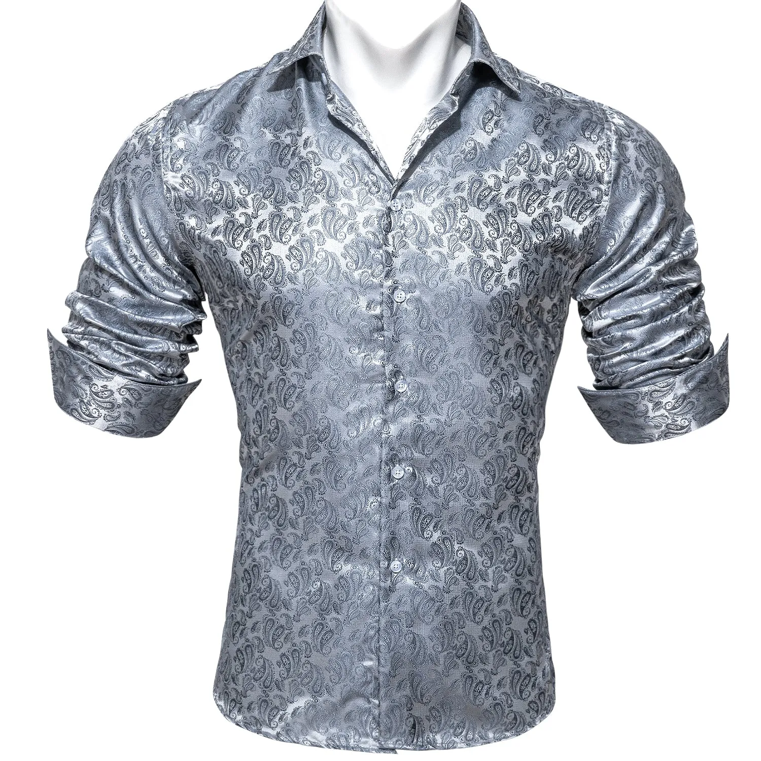Barry Wang Paisley Pattern Shirts Fashion Silver Grey Long Sleeve Shirt sold by Barrywang product image thumbnail 5