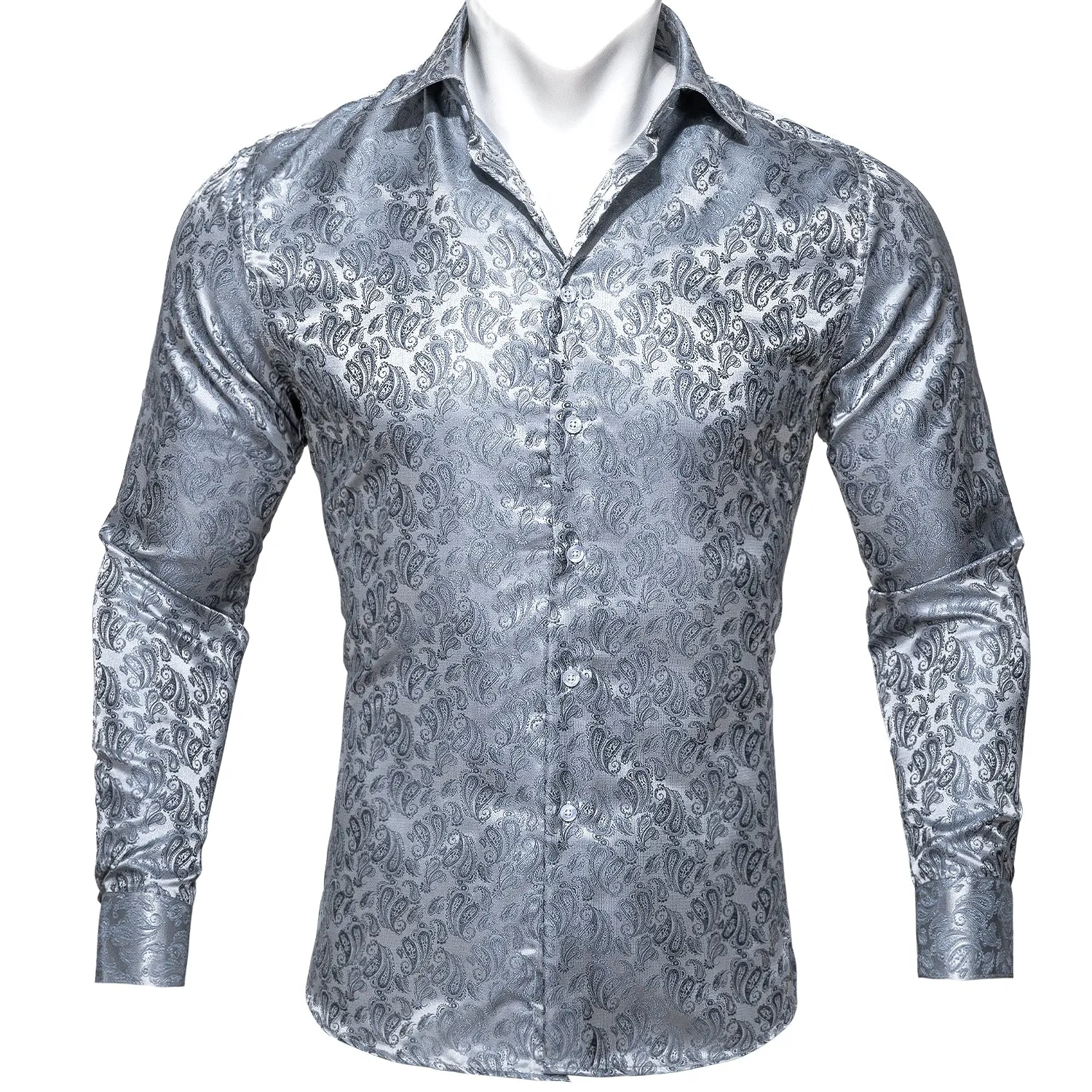 Barry Wang Paisley Pattern Shirts Fashion Silver Grey Long Sleeve Shirt sold by Barrywang