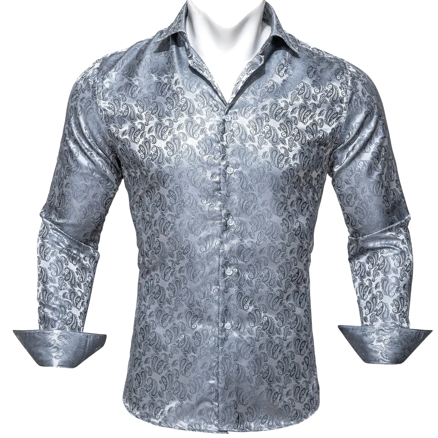 Barry Wang Paisley Pattern Shirts Fashion Silver Grey Long Sleeve Shirt sold by Barrywang product image thumbnail 3