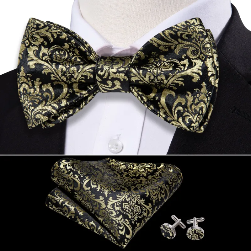 Barry Wang Black Yellow Floral Self Tie Bow Tie Hanky Cufflinks Set sold by Barrywang