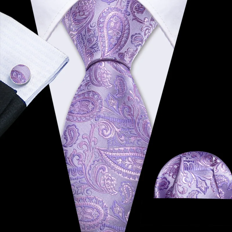 Barry Wang Paisley Silk Light Purple Tie Hanky Cufflinks Set Formal sold by Barrywang
