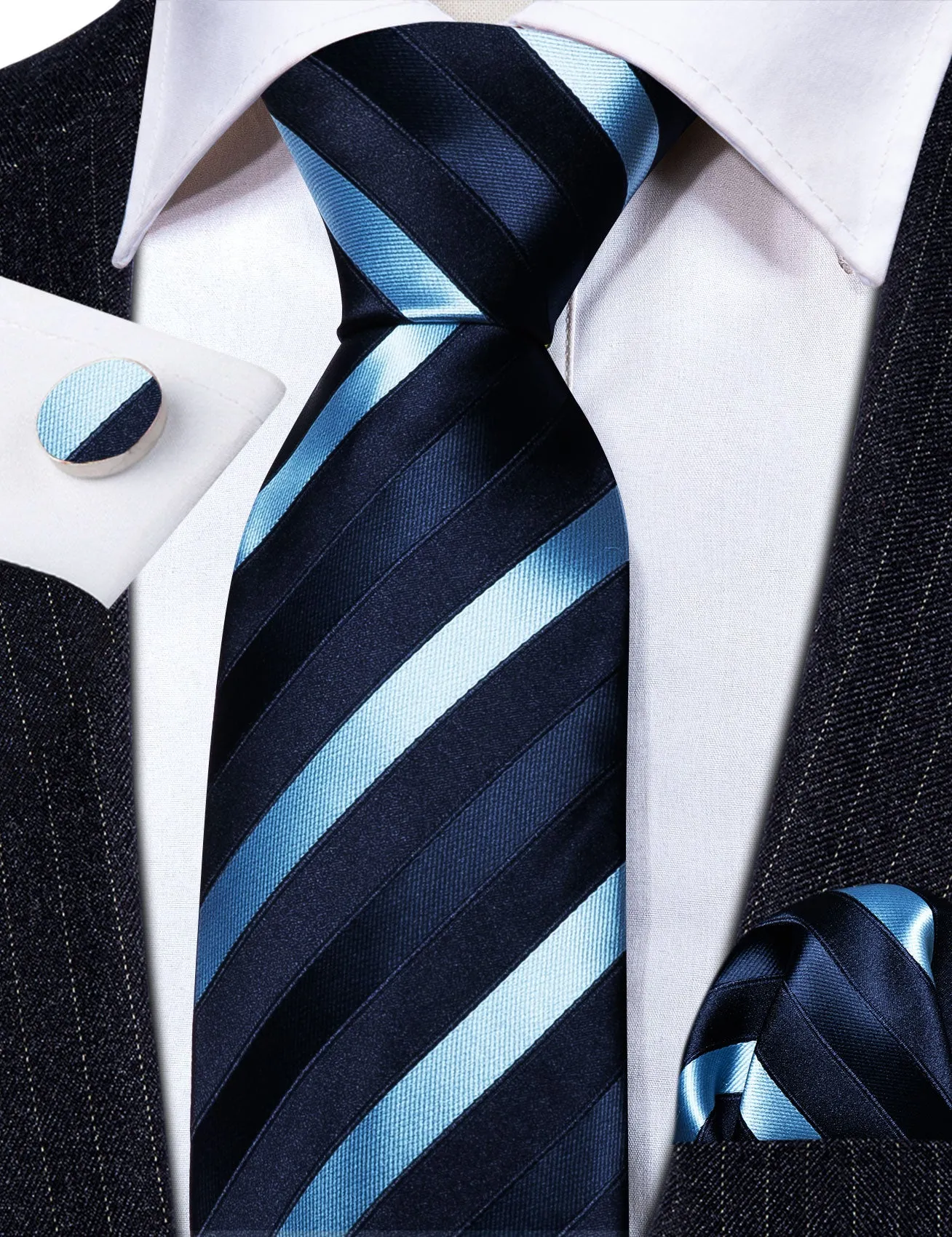Barry. Wang Dark Blue Sky Blue Stripes Tie Handkerchief Cufflinks Set sold by Barrywang product image thumbnail 5