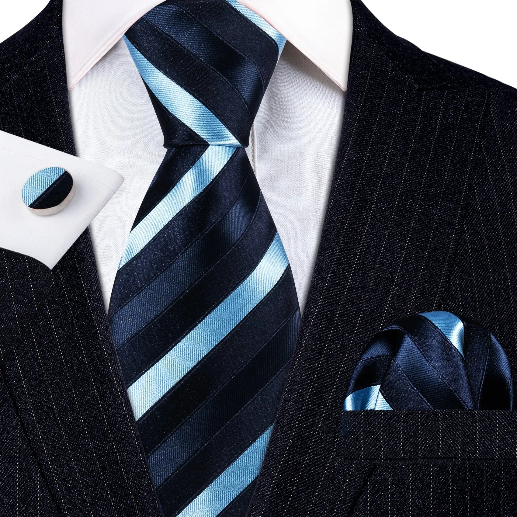 Barry. Wang Dark Blue Sky Blue Stripes Tie Handkerchief Cufflinks Set sold by Barrywang product image thumbnail 4
