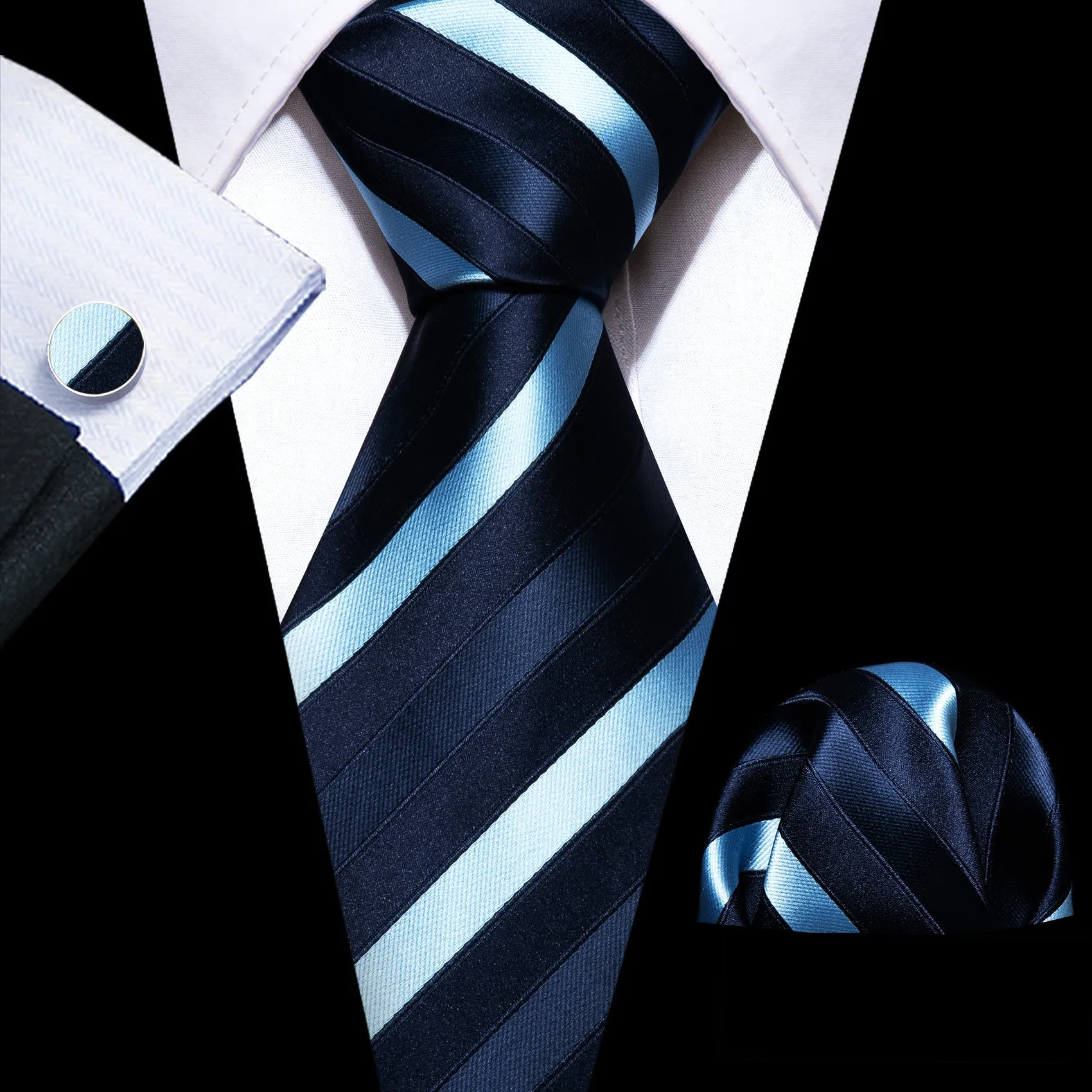 Barry. Wang Dark Blue Sky Blue Stripes Tie Handkerchief Cufflinks Set sold by Barrywang