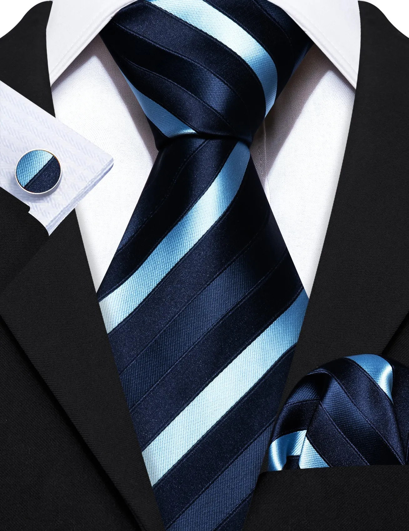 Barry. Wang Dark Blue Sky Blue Stripes Tie Handkerchief Cufflinks Set sold by Barrywang product image thumbnail 3