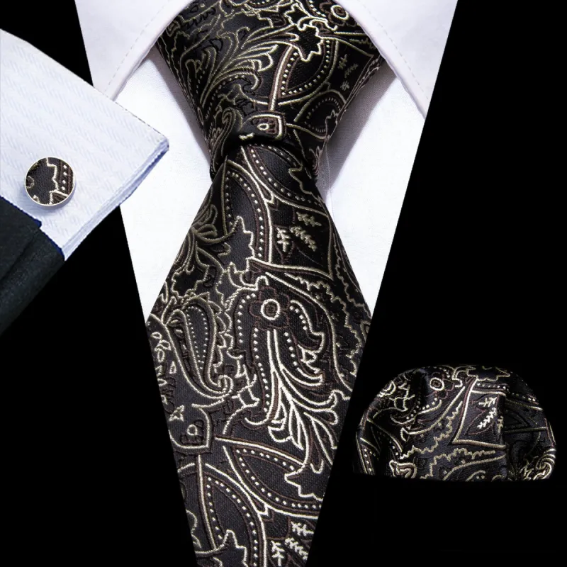 Barry Wang Brown White Floral Silk Mens Tie Handkerchief Cufflinks Set sold by Barrywang
