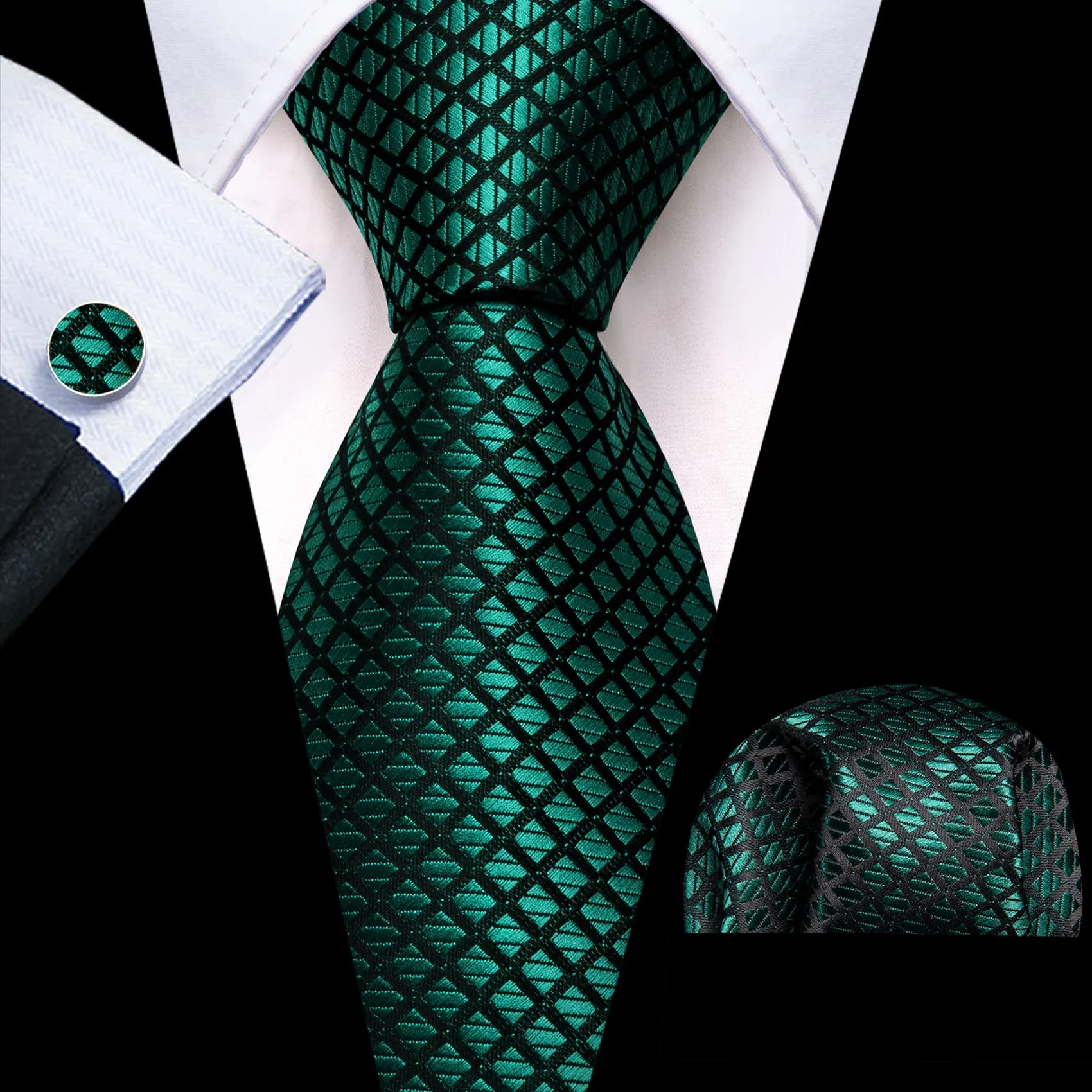 Barry. Wang Plaid Tie Green Black Checkered Necktie and Cufflink Set sold by Barrywang