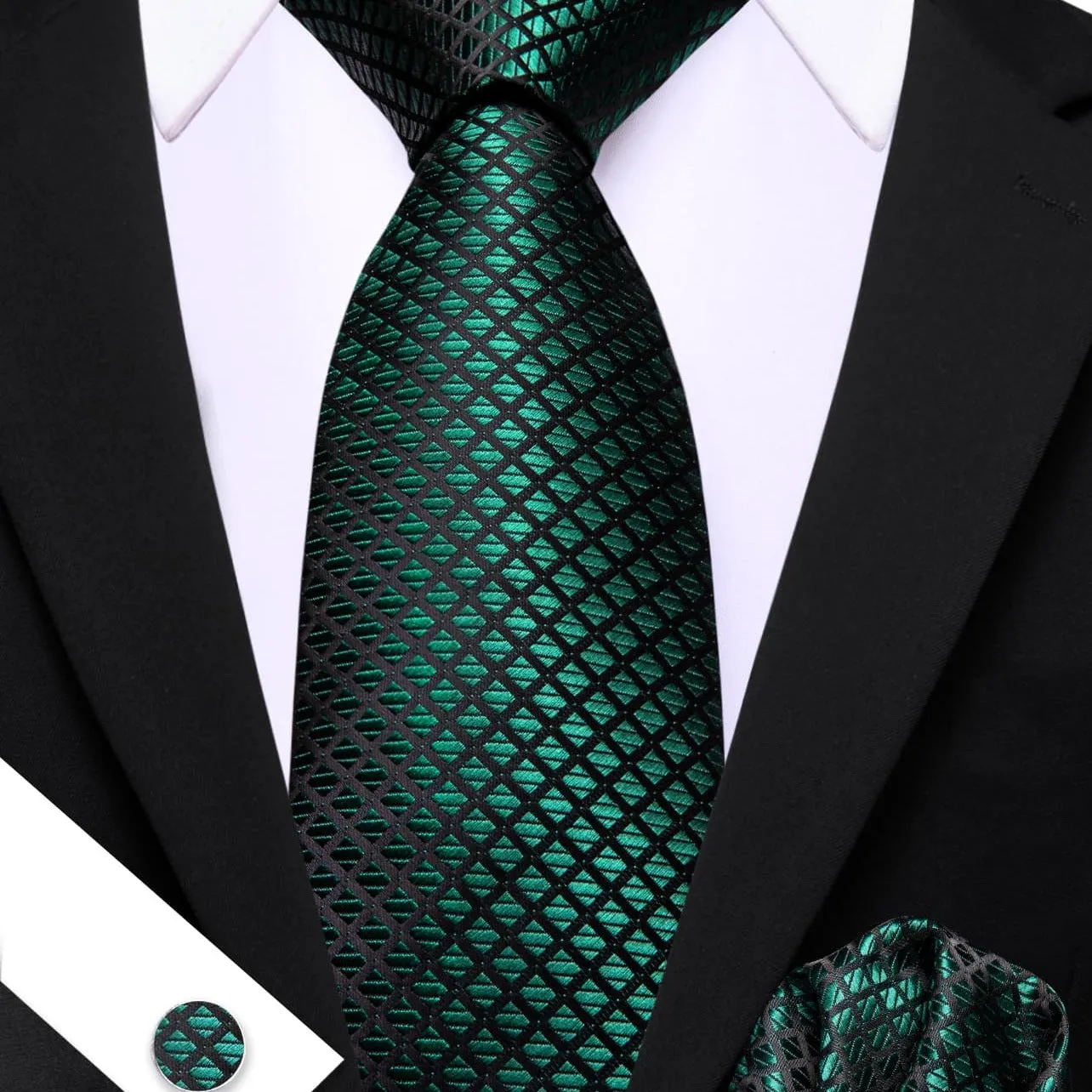 Barry. Wang Plaid Tie Green Black Checkered Necktie and Cufflink Set sold by Barrywang product image thumbnail 2