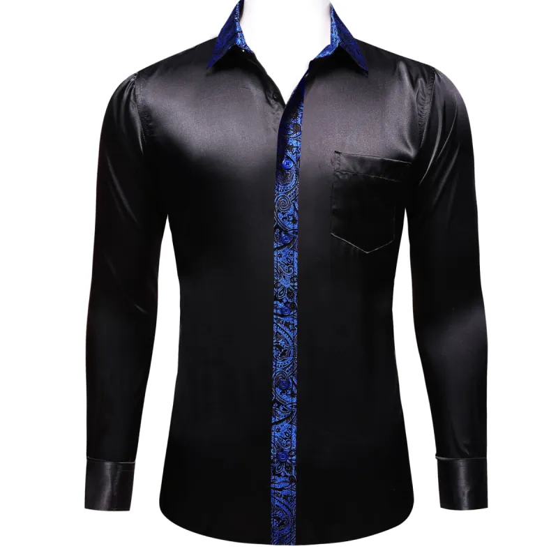 Barry Wang Black Shirt with Blue Paisley Cuff Long Sleeve Satin Shirt sold by Barrywang