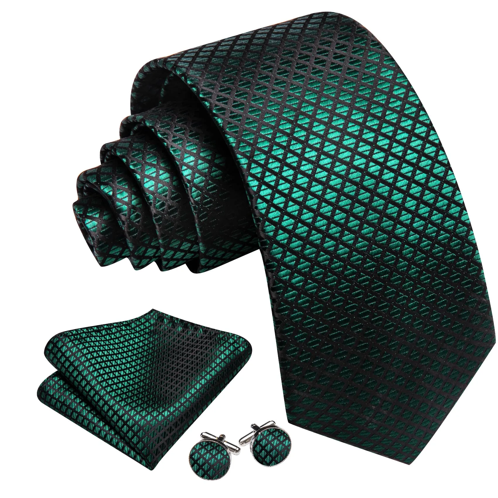 Barry. Wang Plaid Tie Green Black Checkered Necktie and Cufflink Set sold by Barrywang product image thumbnail 3