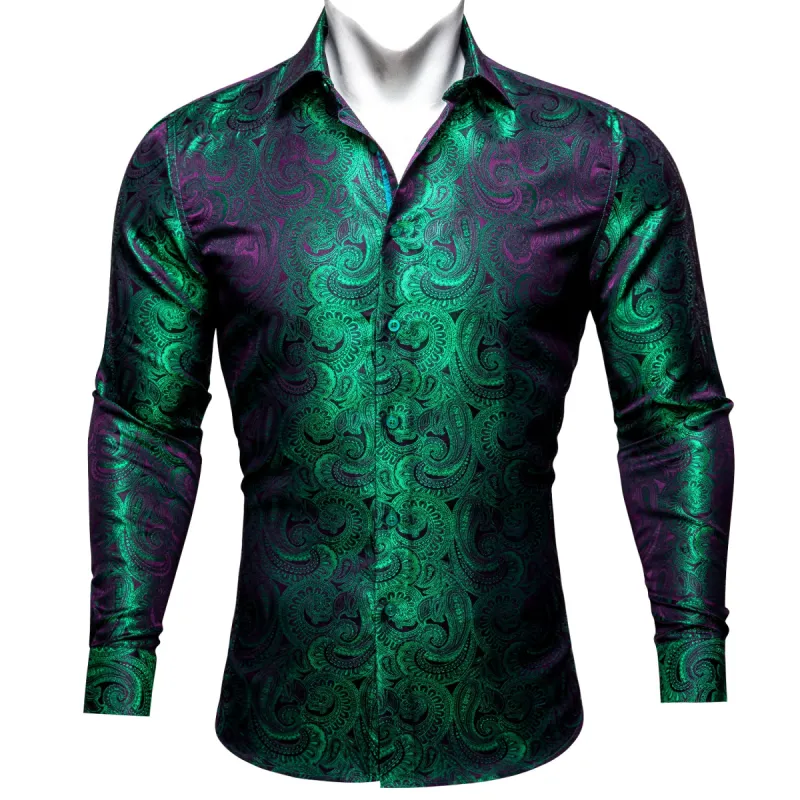 Barry. Wang Mens Dinner Shirt Green Purple Paisley Silk Men's Shirt sold by Barrywang