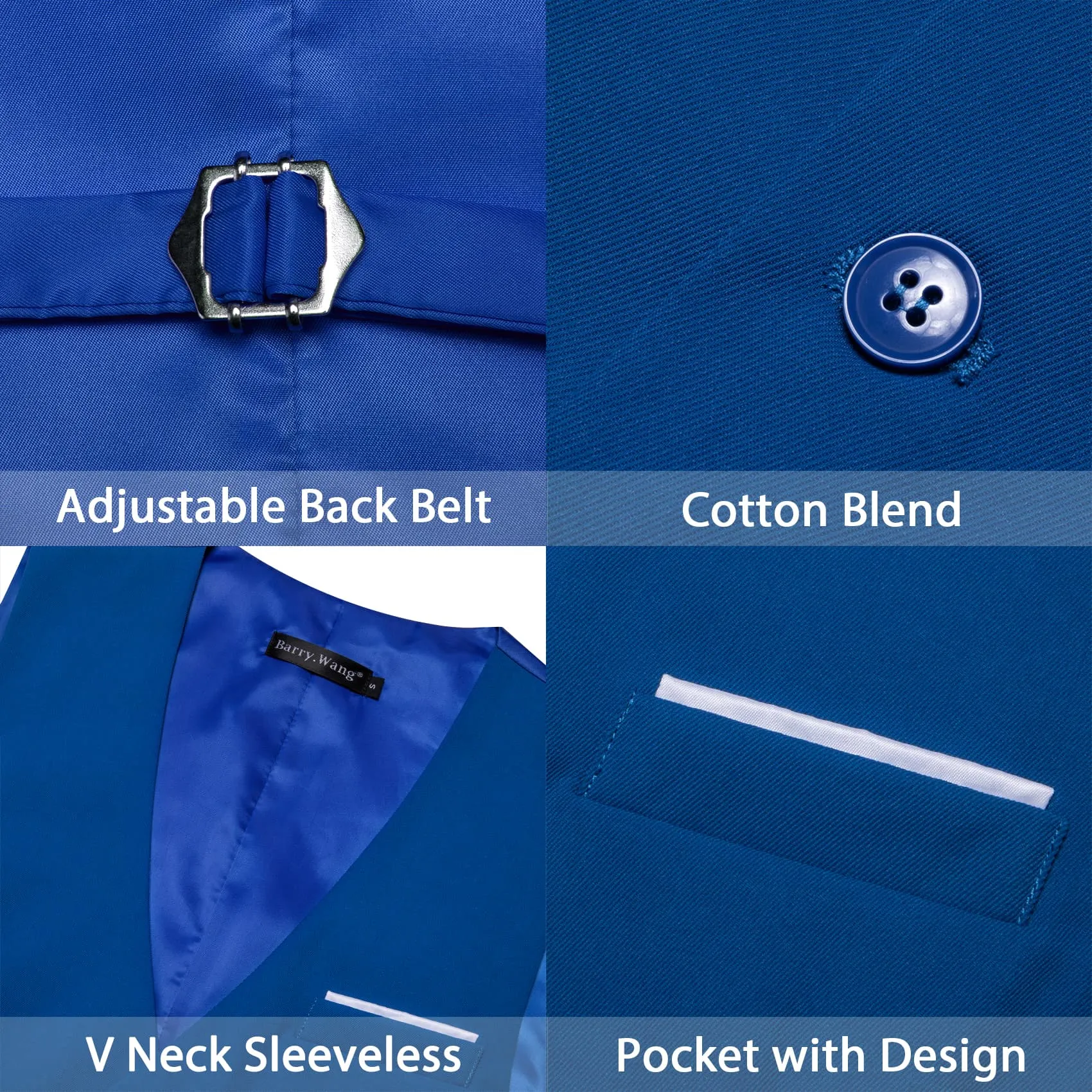 Barry. Wang Wedding Vest Solid Medium Blue Mens Button V-Neck Waistcoat sold by Barrywang product image thumbnail 4