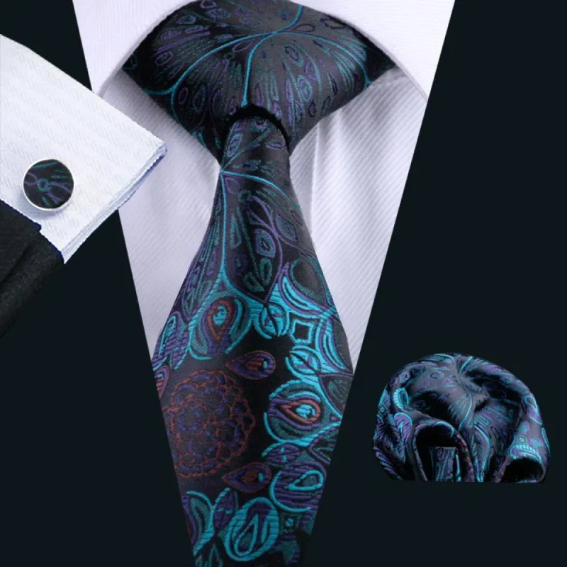 Barry Wang Cyan Black Paisley Silk Men Tie Pocket Square Cufflinks Set sold by Barrywang