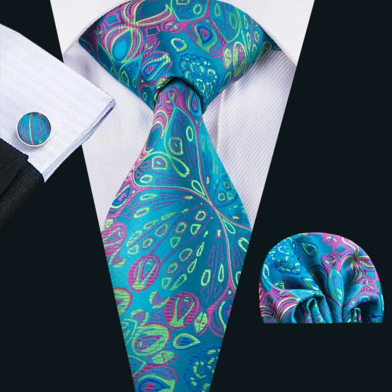Barry. Wang Blue Tie Green Floral Tie Pocket Square Cufflinks Set sold by Barrywang
