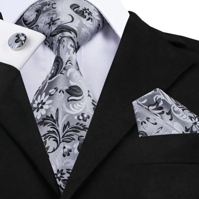 Barry.Wang Grey Tie Black Floral Men's Tie Pocket Square Cufflinks Set sold by Barrywang