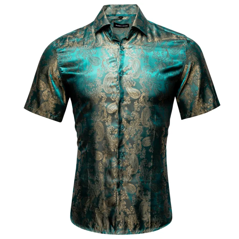 Barry. Wang Button Down Shirt Men's Green Gold Paisley Short Sleeves Silk Shirt sold by Barrywang