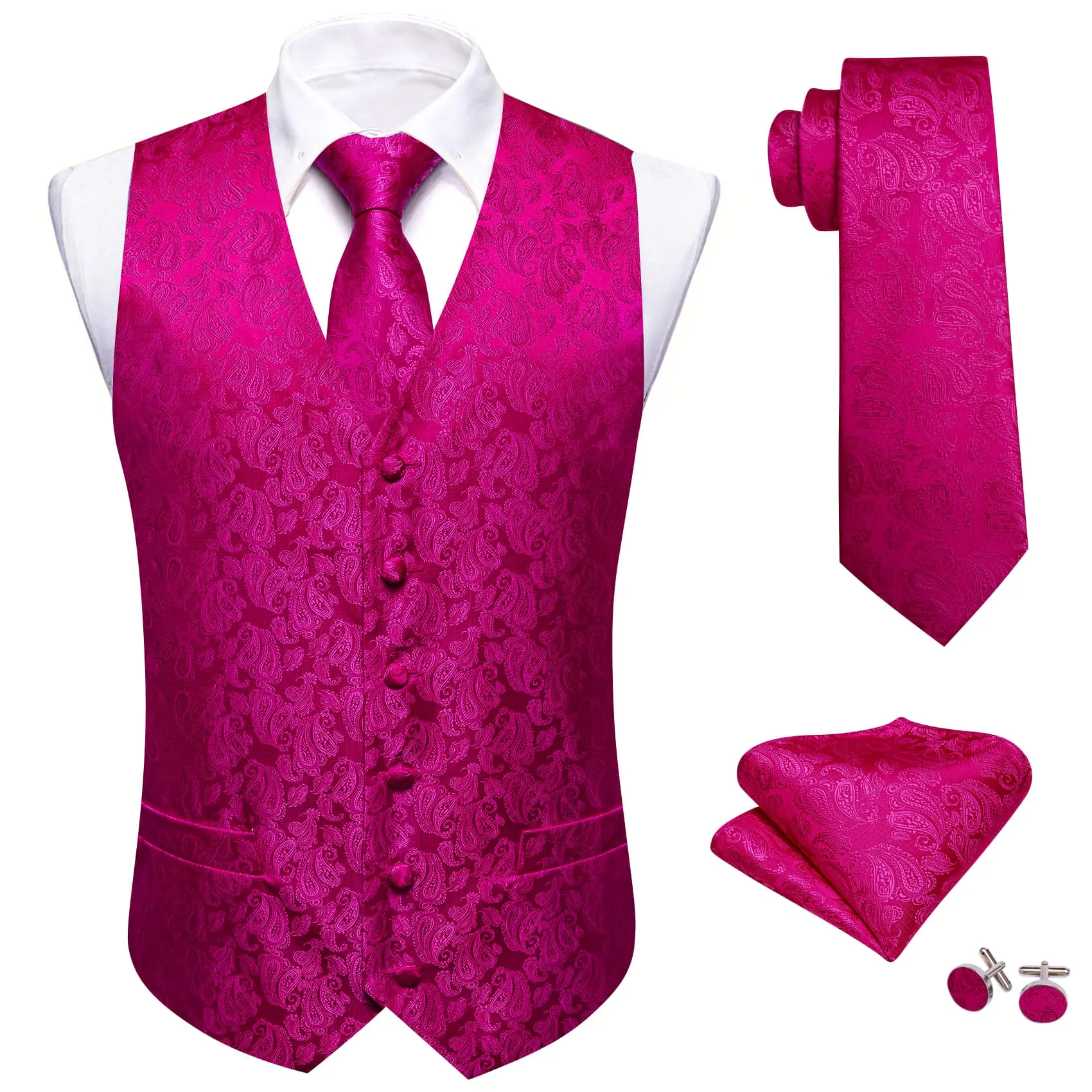 Barry Wang Hot Pink Paisley Wedding Vest V-Neck Silk Suit Waistcoat sold by Barrywang product image thumbnail 2
