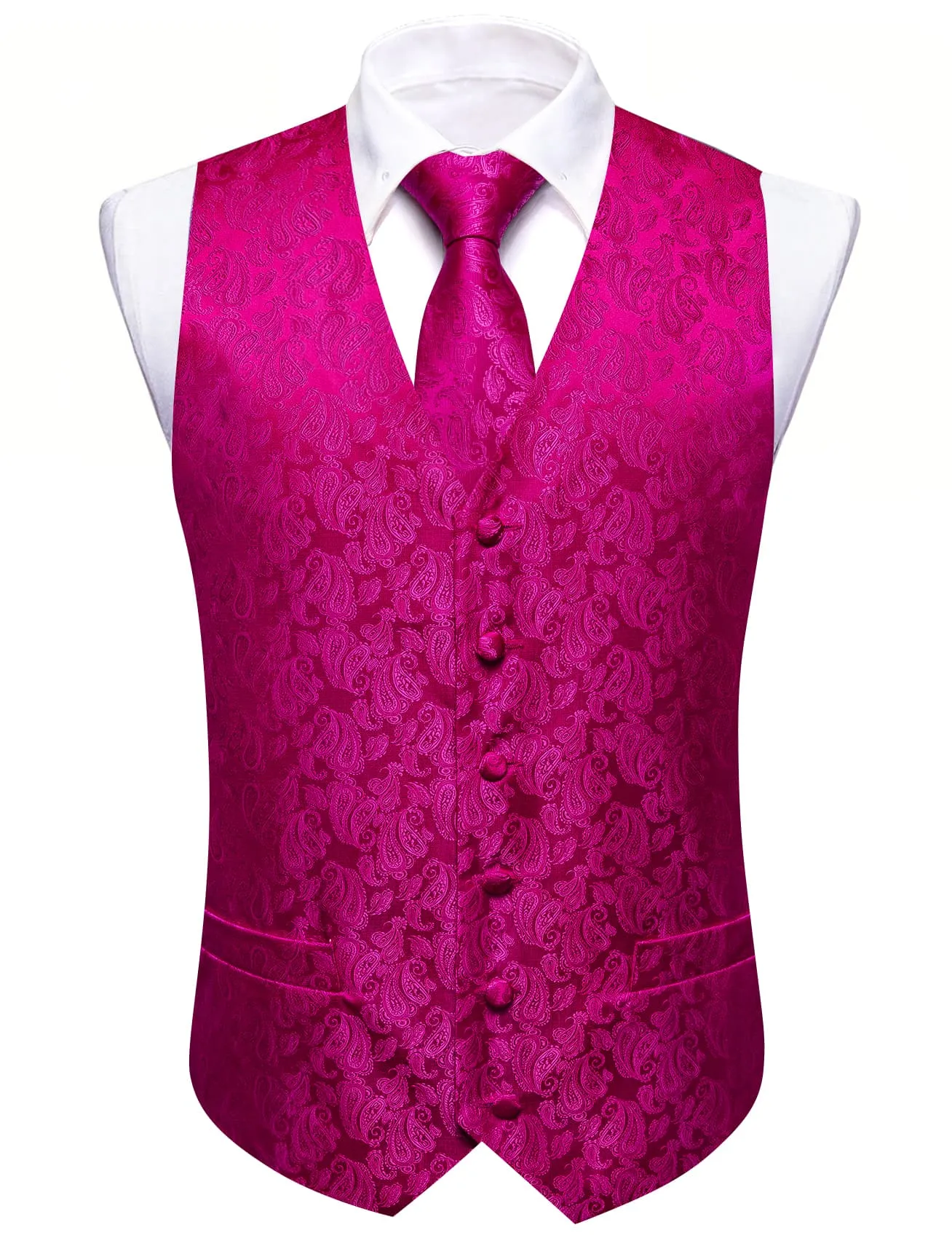 Barry Wang Hot Pink Paisley Wedding Vest V-Neck Silk Suit Waistcoat sold by Barrywang product image thumbnail 5
