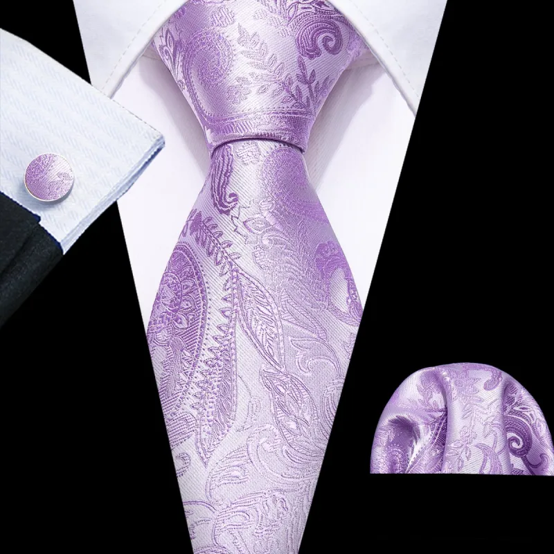 Barry Wang Light Purple Paisley Silk Men's Necktie Hanky Cufflinks Set sold by Barrywang