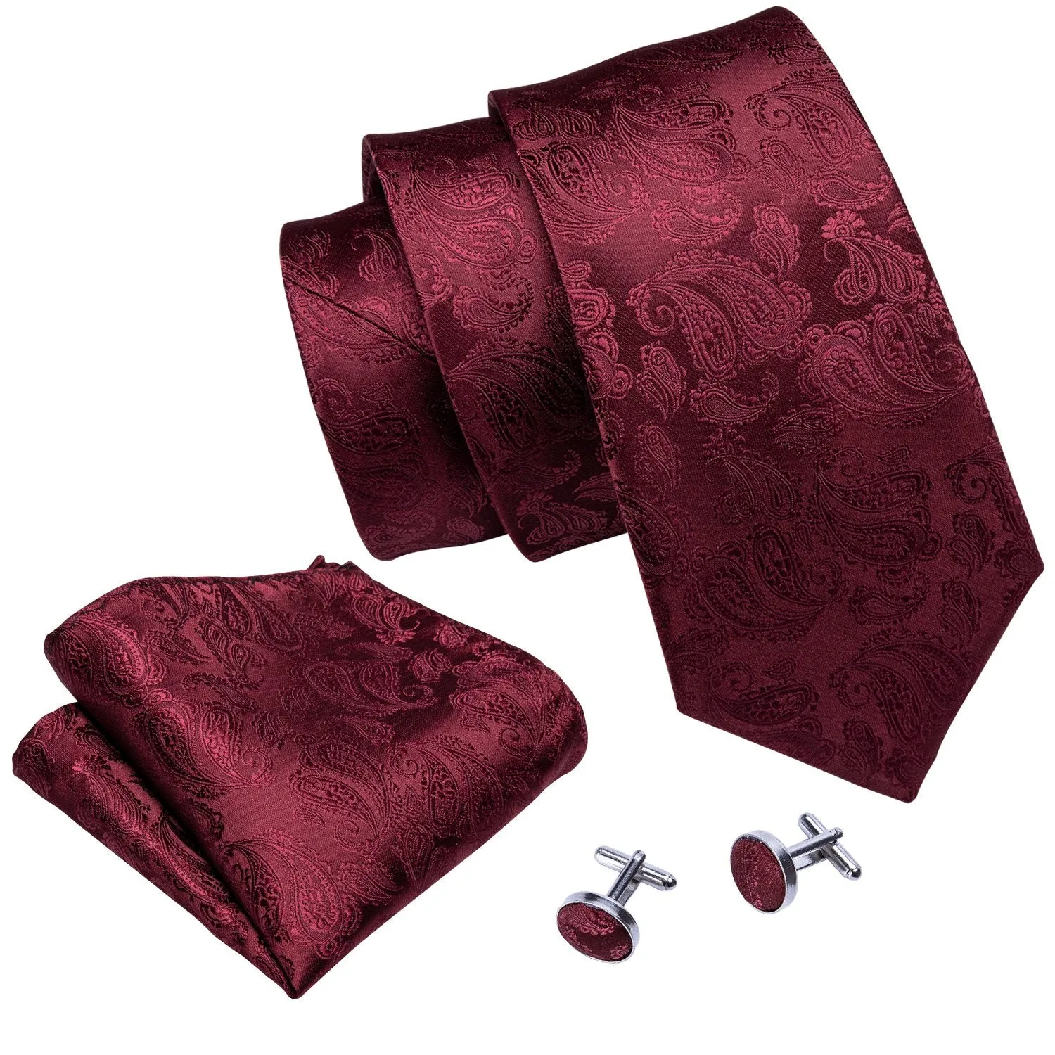 Barry. Wang Solid Necktie Burgundy Paisley Silk Tie Hanky Cufflinks Set sold by Barrywang product image thumbnail 3