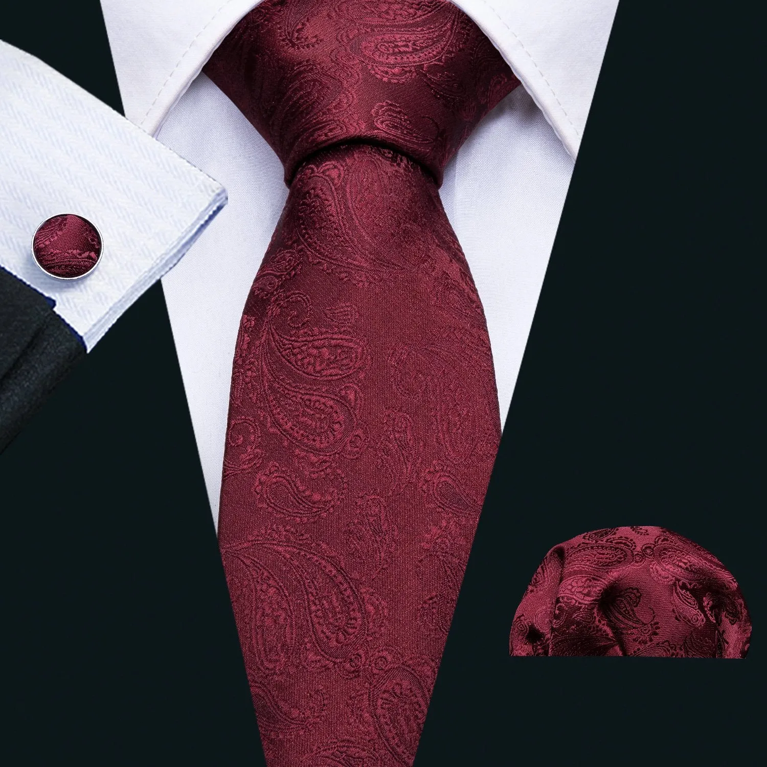 Barry. Wang Solid Necktie Burgundy Paisley Silk Tie Hanky Cufflinks Set sold by Barrywang