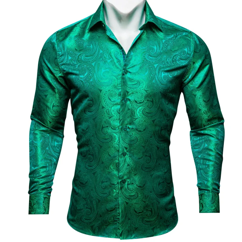 Barry Wang Pale Green Shirt Mens Paisley Silk Long Sleeve Dinner Shirt sold by Barrywang