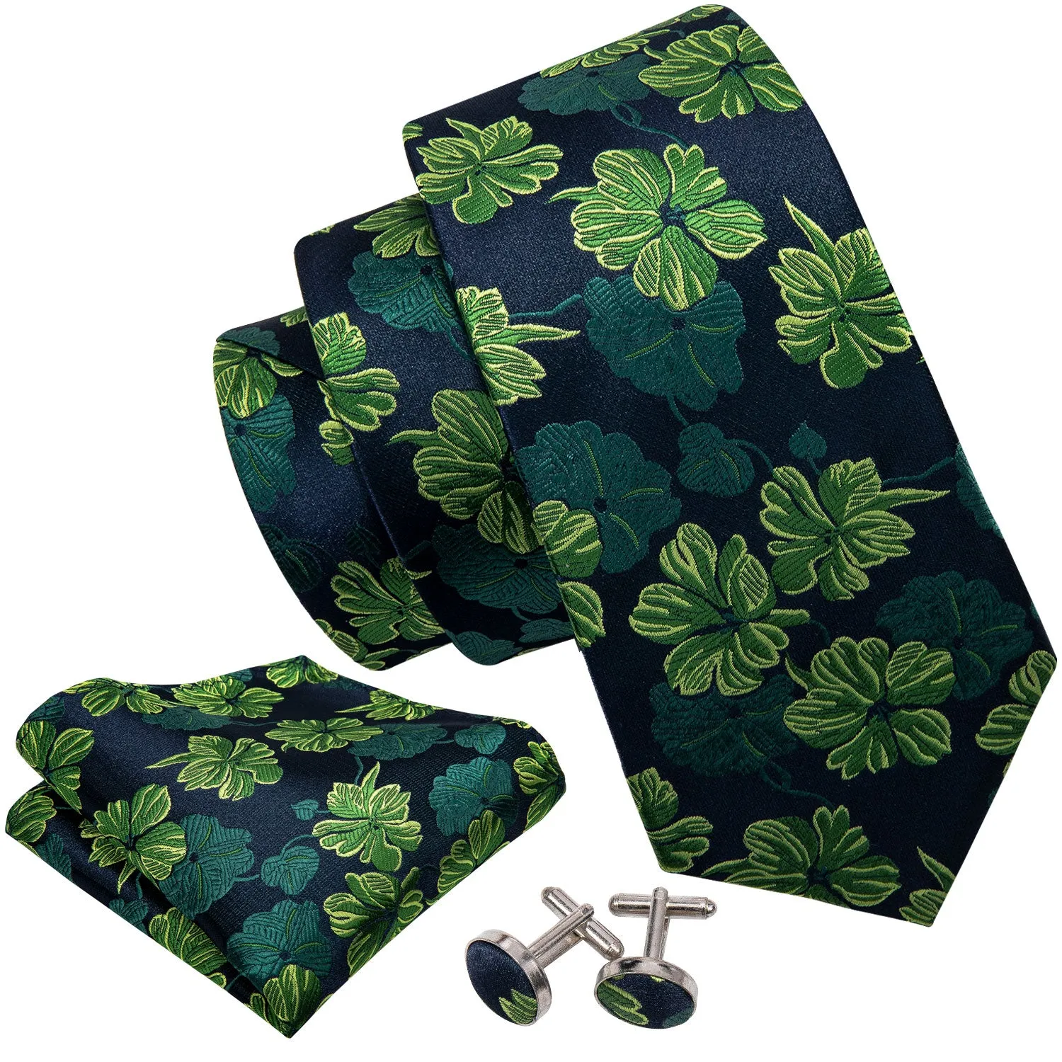 Barry. Wang Green Tie Jacquard Floral Silk Tie Handkerchief Cufflinks Set for Men sold by Barrywang product image thumbnail 3