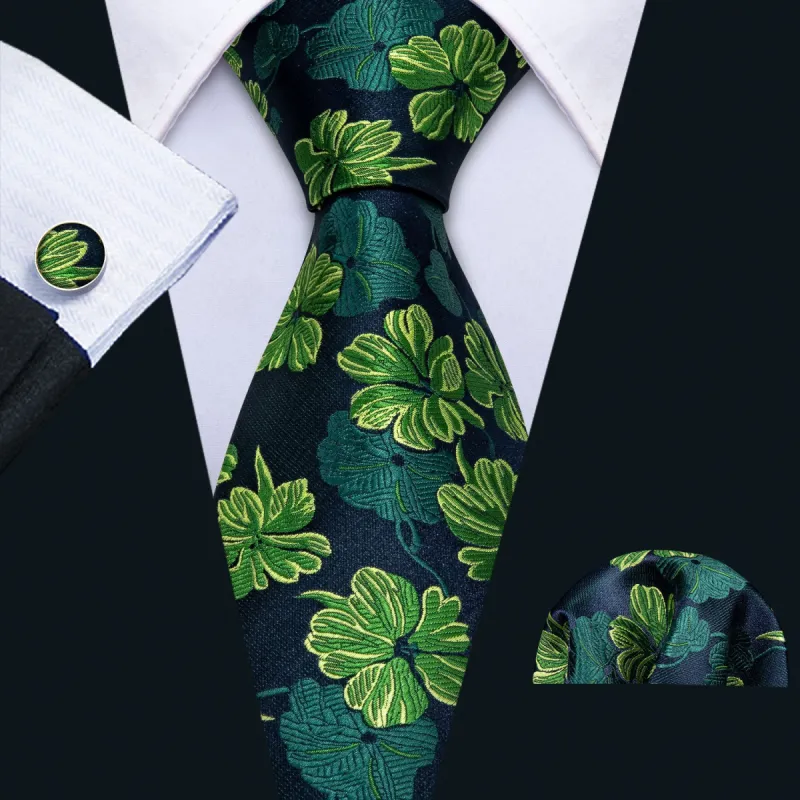 Barry Wang Green Tie Jacquard Floral Silk Tie Handkerchief Cufflinks Set for Men sold by Barrywang
