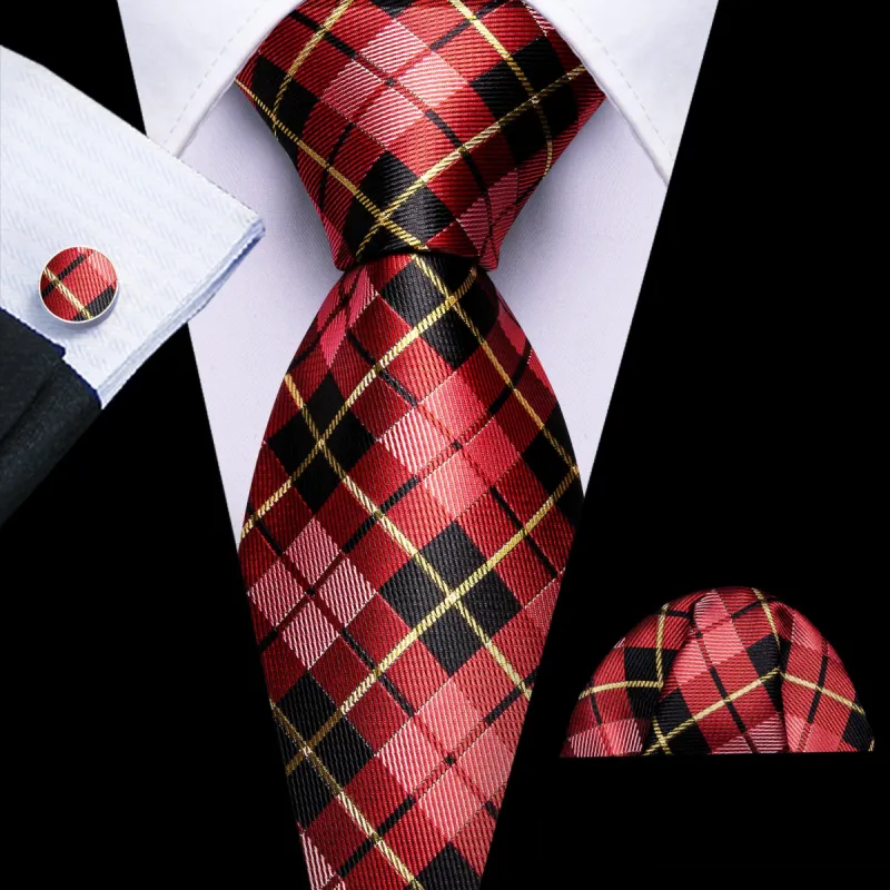 Barry Wang Black Red Checkered Tie Yellow Lines Jacquard Men's Tie Set sold by Barrywang