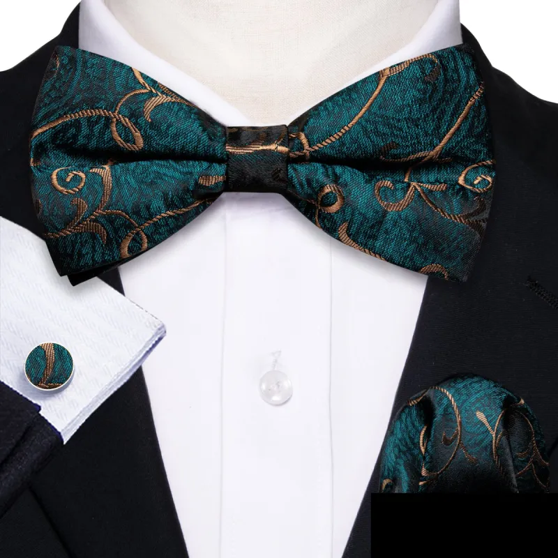 Barry.Wang Blue Tie Cyan Brown Jacquard Floral Men's Pre-tied Bow Tie sold by Barrywang