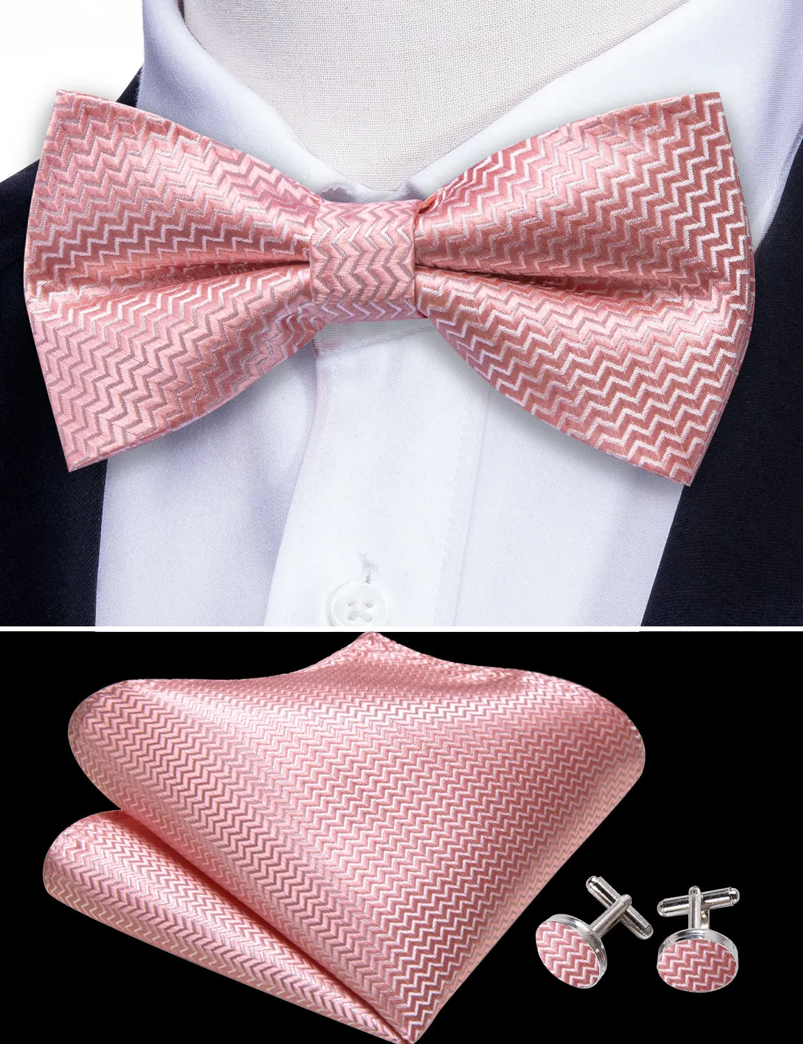 Barry. Wang Pink Curve Silk Bow Tie Hanky Cufflinks Set sold by Barrywang product image thumbnail 2