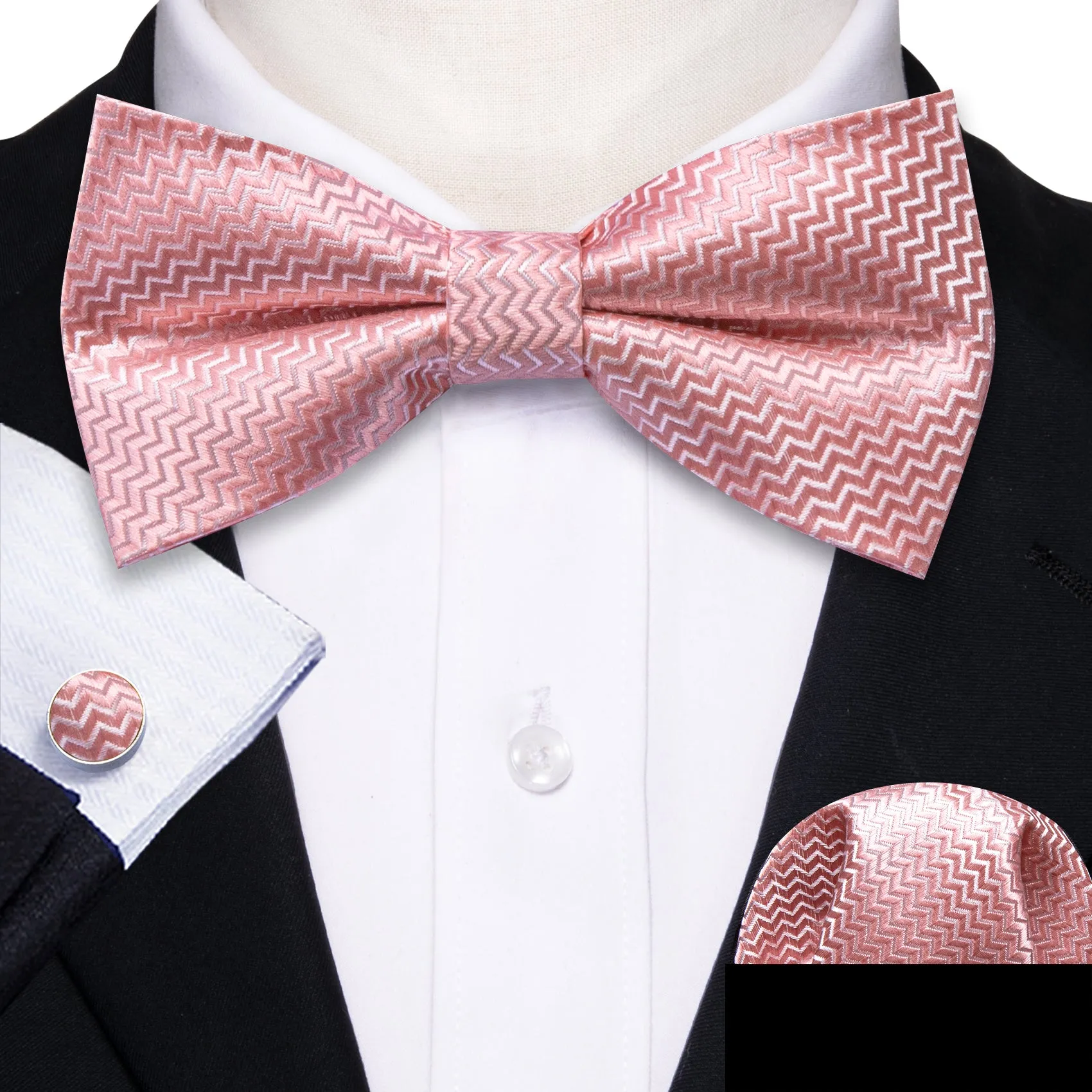 Barry. Wang Pink Curve Silk Bow Tie Hanky Cufflinks Set sold by Barrywang product image thumbnail 4