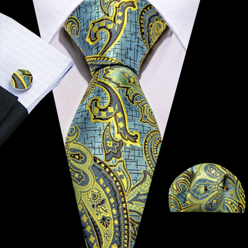 Barry Wang Yellow Paisley Tie Sky Blue Silk Tie Hanky Cufflinks Set sold by Barrywang