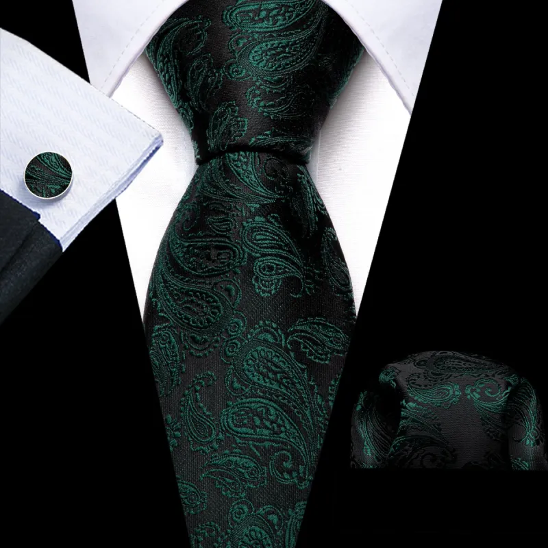 Barry Wang Green Black Paisley Silk 63 Inches Extra Long Tie Pocket Square Cufflinks Set sold by Barrywang