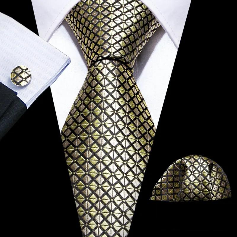 Barry Wang Yellow Ties Black Plaid Silk Tie Handkerchief Cufflinks Set sold by Barrywang
