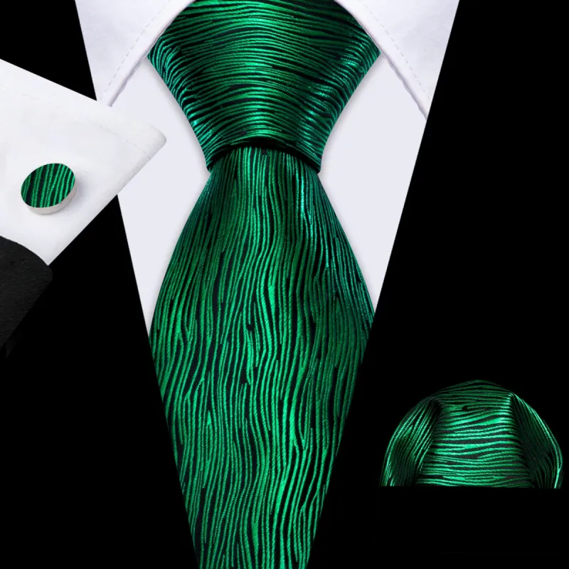 Barry Wang Novetly Green Striped Paisley Tie Handkerchief Cufflinks Set sold by Barrywang
