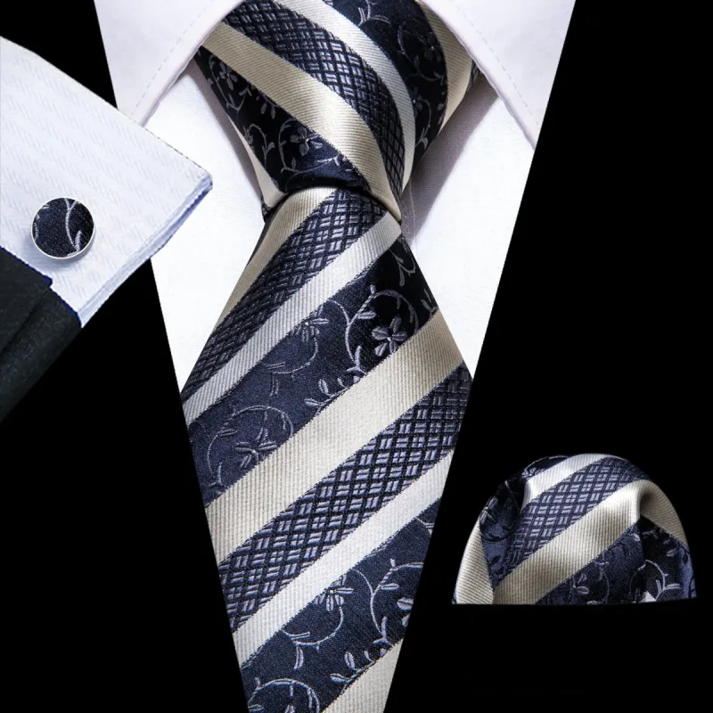 Barry Wang Blue Tie White Striped Silk Tie Handkerchief Cufflinks Set sold by Barrywang