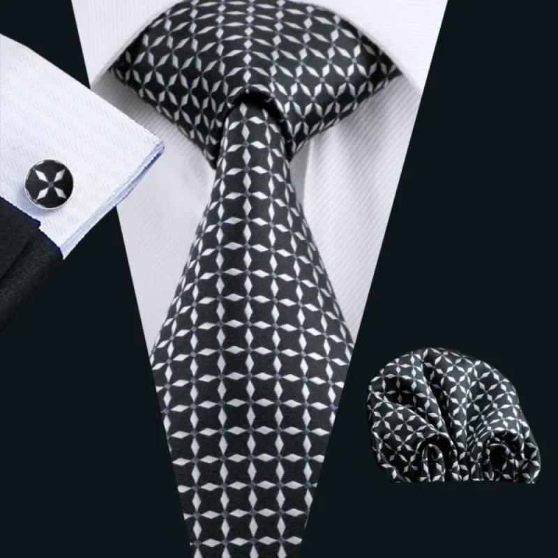 Barry. Wang Black Tie White Plaid Silk Tie Pocket Square Cufflinks Set sold by Barrywang