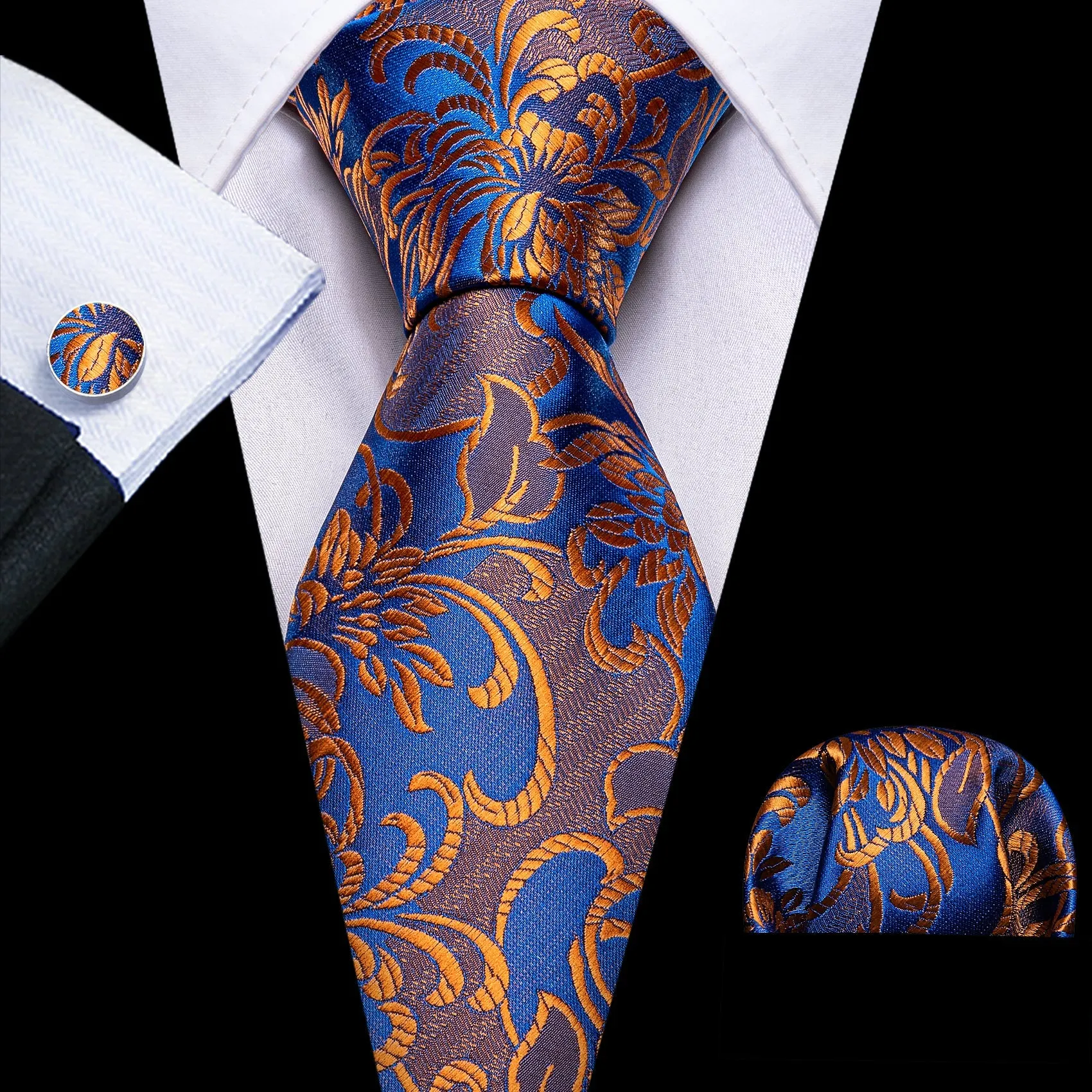 Barry Wang Orange Necktie Blue Floral Silk Men Tie Hanky Cufflinks Set sold by Barrywang