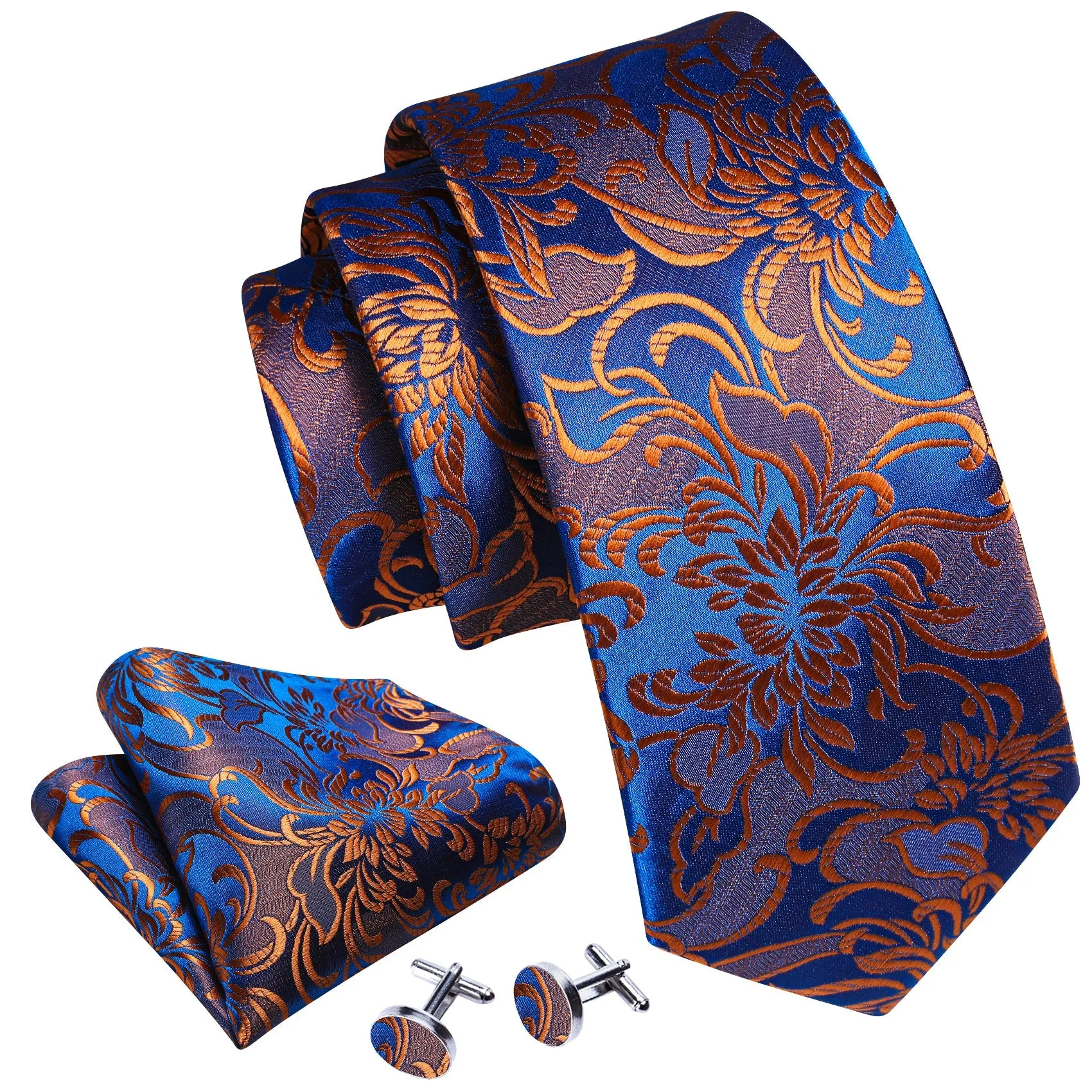 Barry Wang Orange Necktie Blue Floral Silk Men Tie Hanky Cufflinks Set sold by Barrywang product image thumbnail 4